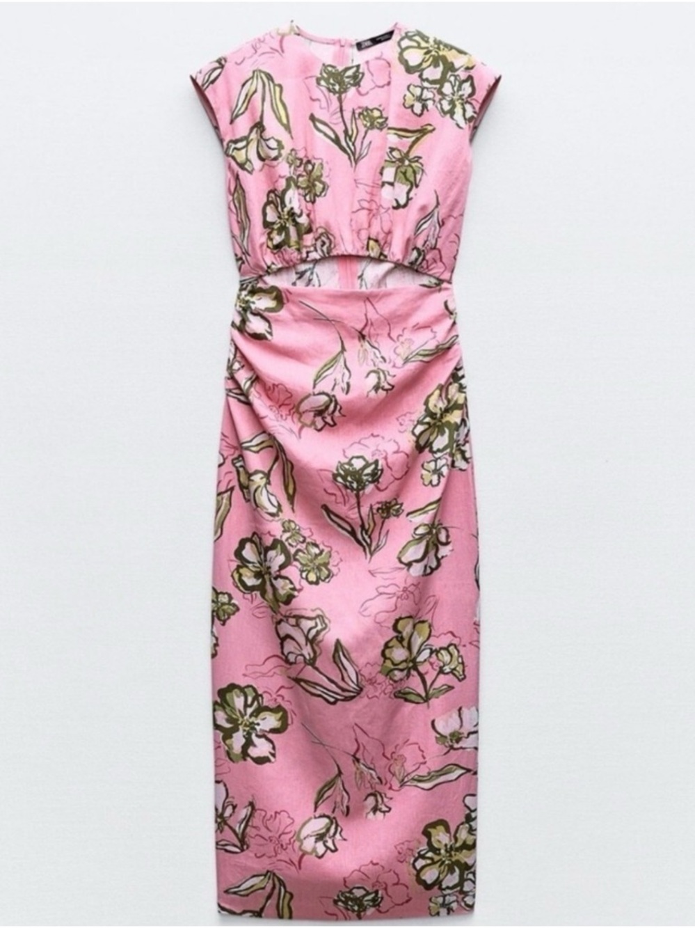 ZARA Pink Floral Midi Dress Cut Out Size Small